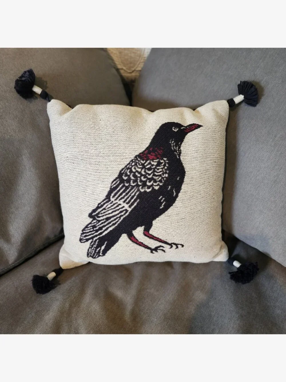 Embroidered Tassel Raven Throw Pillow